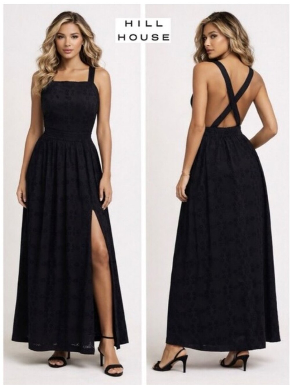 Hill House Addie Black Eyelet Maxi Dress Open Back Side Slit Cotton Minimalist S